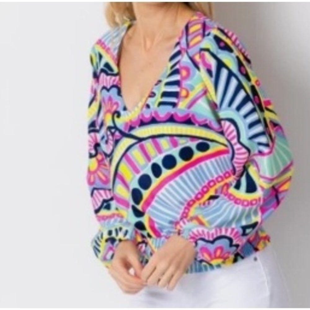 STS Sail to Sable Blouse Multicolor S Womens V-Neck Smocked Waist Geometric